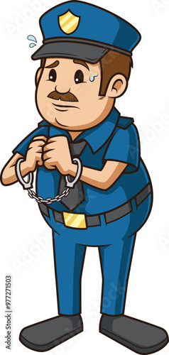 Cartoon bad policeman handcuffed himself vector illustration