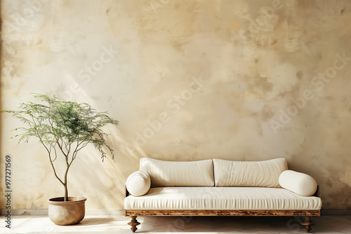Old sofa against beige wall. Loft interior design of living room