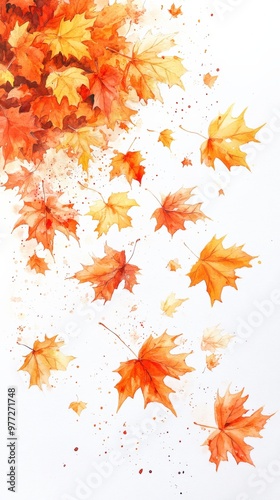 Watercolor Maple Leaves in Autumn Breeze on White Background