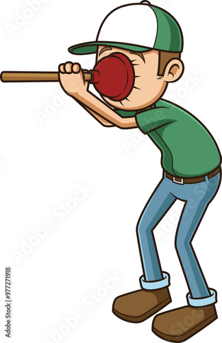 Cartoon bad plumber stuck in toilet plunger vector illustration