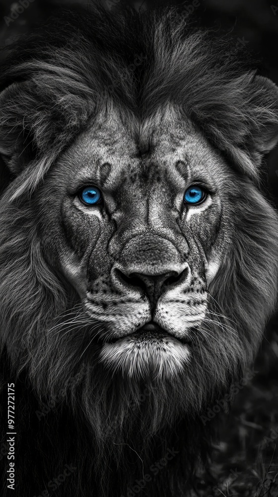 Fototapeta premium Black and white lion staring with intense blue eyes