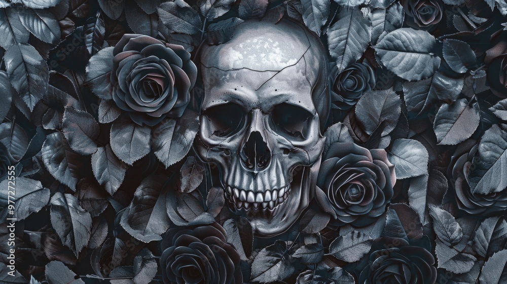 A close-up image of a skull surrounded by roses