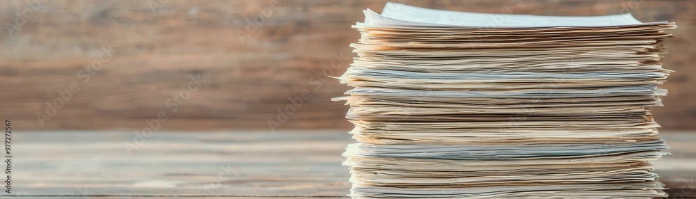 A neat stack of paper documents resting on a wooden desk, ideal for office or organization themes. A neat stack of paper documents resting on a wooden desk, ideal for office or organization themes.