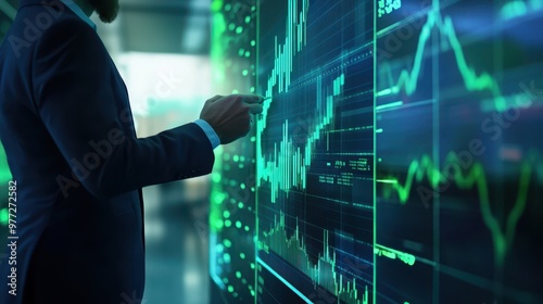 Close-up of employee reviewing financial growth and compensation trends, glowing holographic charts, sharp green and blue lines, sleek office background, 3D render.