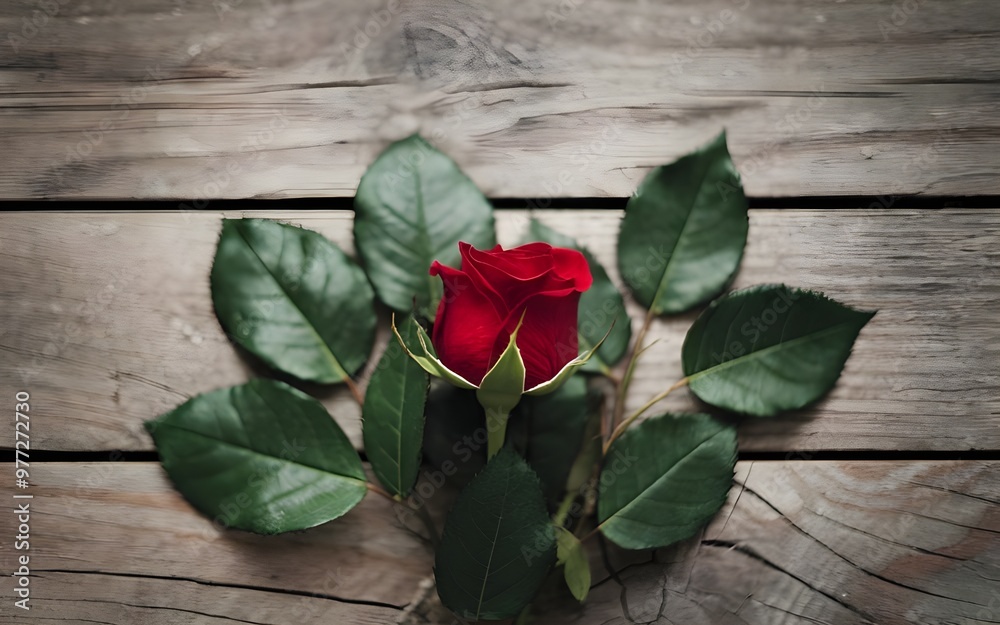 A rose flower with leaves lying on a wooden background. The rose has a deep red hue and is in full bloom. A rose flower with leaves lying on a wooden background. The rose has a deep red hue and is in full bloom.