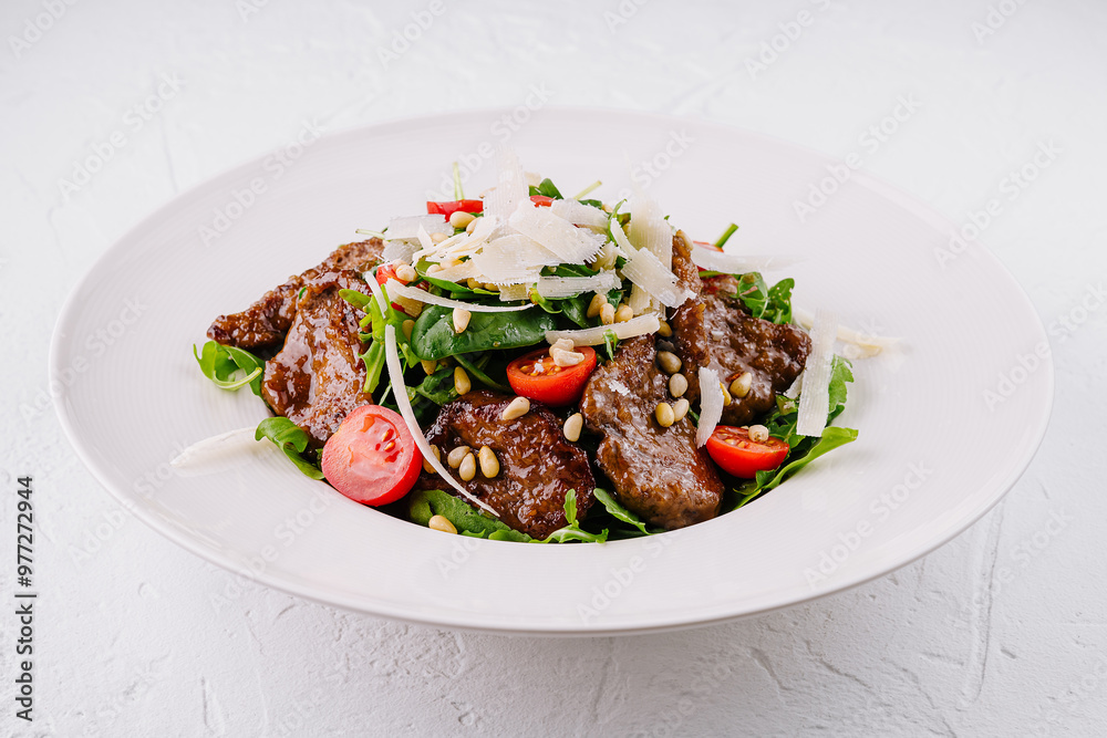 Salad with warm beef, tomatoes, arugula, parmesan and pine nuts on white plate Salad with warm beef, tomatoes, arugula, parmesan and pine nuts on white plate