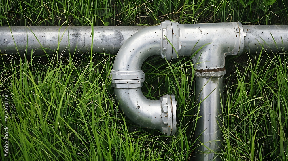 Silver water pipe connecting to a grass covered metering Silver water pipe connecting to a grass covered metering