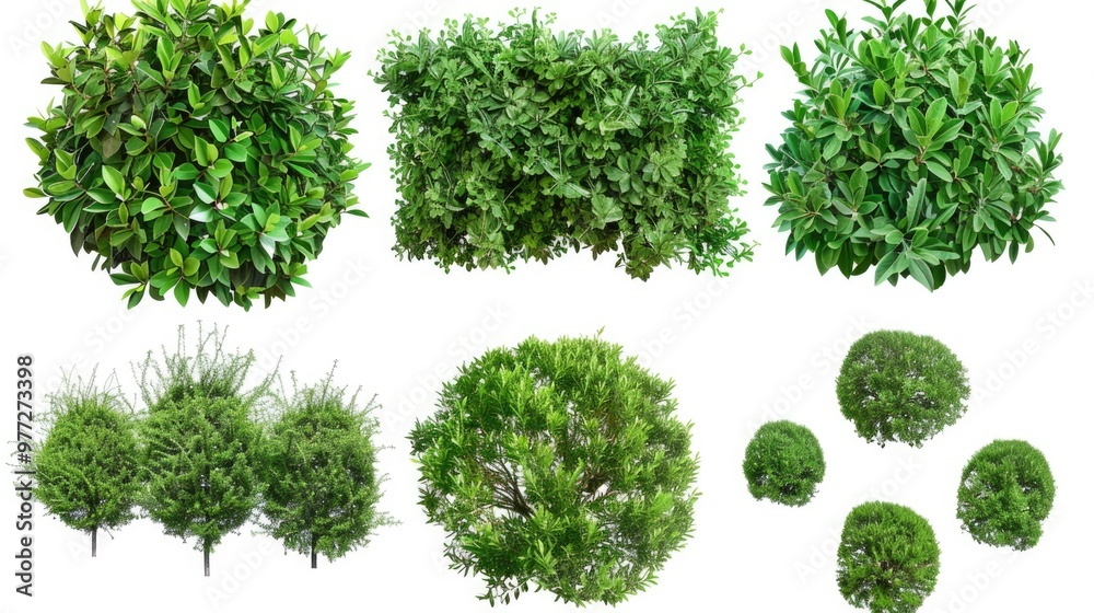 Collection of various tree and shrub species, suitable for nature, outdoors, or botanical themes Collection of various tree and shrub species, suitable for nature, outdoors, or botanical themes