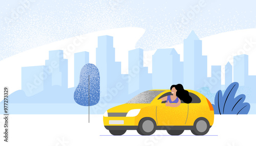 Happy young woman driver sitting rides in car.
