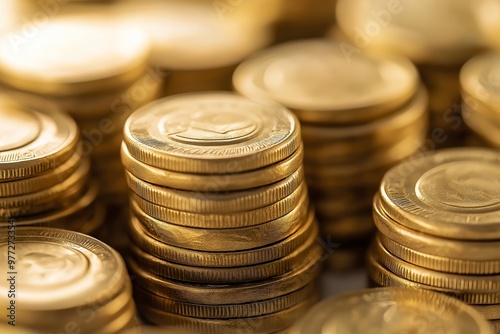 Numerous shiny gold coins stacked together, creating a beautiful bokeh effect in a close-up photograph showcasing wealth.