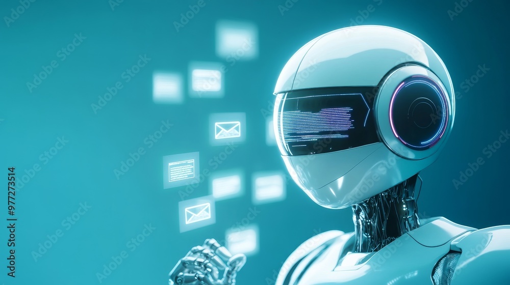Efficient 3D search engine robot organizes floating search results into categories, symbolizes data management Efficient 3D search engine robot organizes floating search results into categories, symbolizes data management