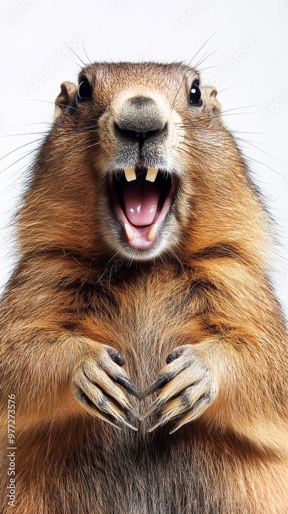 Fototapeta premium Marmot sitting and showing teeth on white background