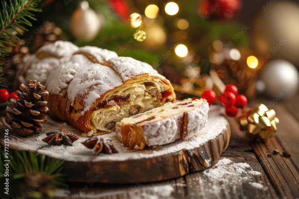 A slice of cake sits on a wooden board, ready for serving A slice of cake sits on a wooden board, ready for serving