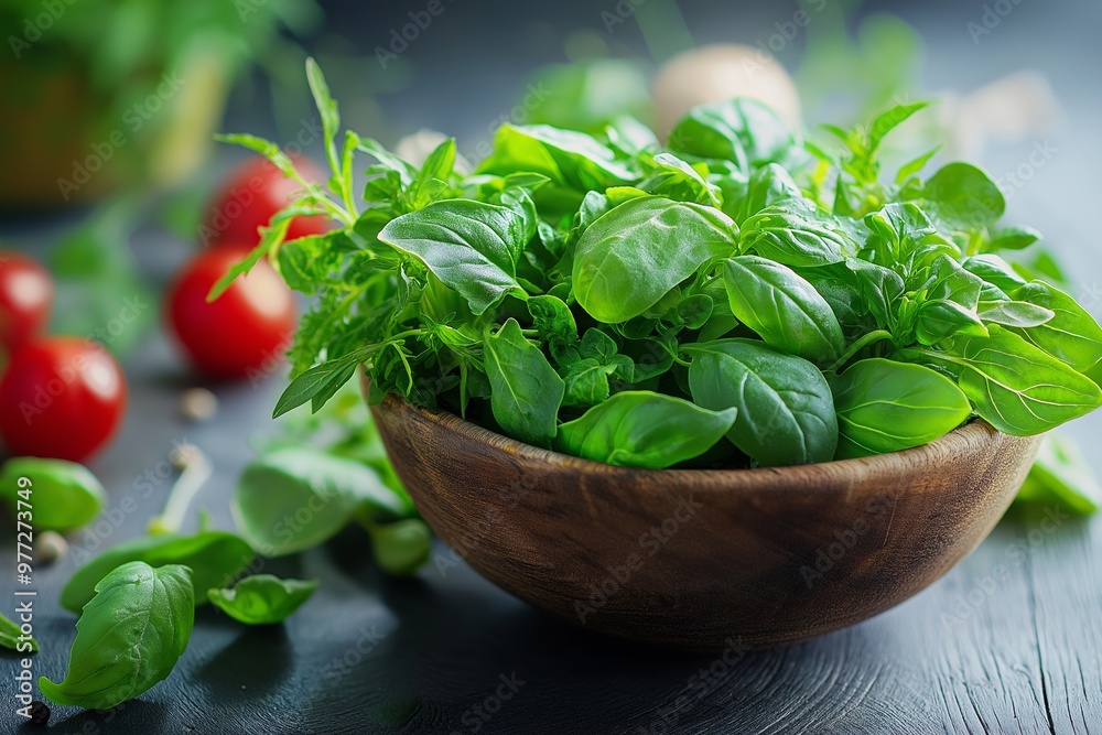 Fresh green basil leaves nestle in a wooden bowl with tomatoes and other ingredients blurred in the background of a kitchen. Fresh green basil leaves nestle in a wooden bowl with tomatoes and other ingredients blurred in the background of a kitchen.