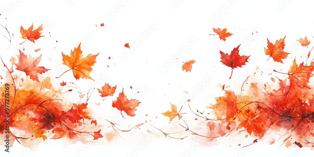 Watercolor Maple Leaves in Autumn Breeze on White Background Watercolor Maple Leaves in Autumn Breeze on White Background