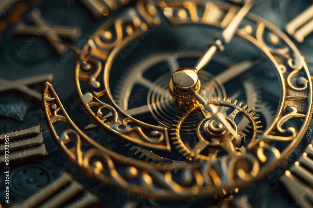 A detailed view of a golden clock face with intricate details A detailed view of a golden clock face with intricate details
