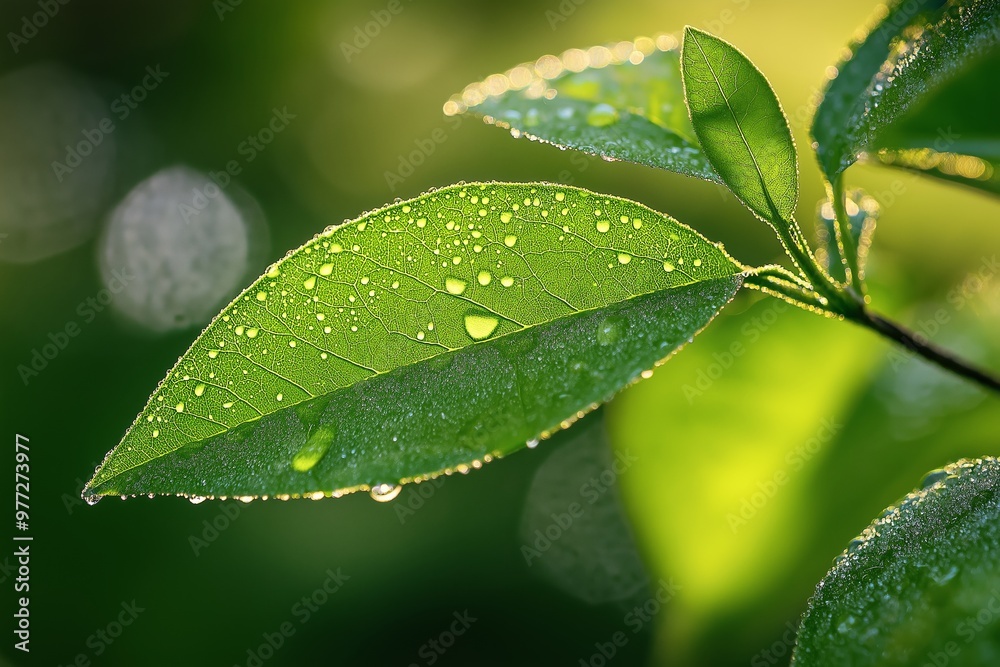 Fototapeta premium Close-up of a vibrant green leaf with dewdrops, illuminated by the soft morning light, showcasing nature's beauty.