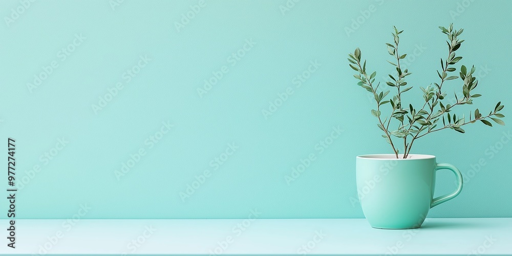 A small green plant is potted in a light blue cup, placed on a minimalist shelf, creating a fresh and modern decor touch. A small green plant is potted in a light blue cup, placed on a minimalist shelf, creating a fresh and modern decor touch.