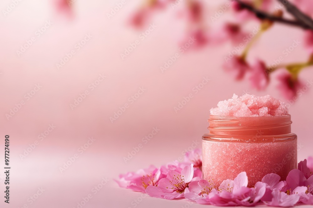 A serene composition of a pink sugar scrub jar mockup surrounded by delicate flower petals, perfect for spa and beauty themes. A serene composition of a pink sugar scrub jar mockup surrounded by delicate flower petals, perfect for spa and beauty themes.