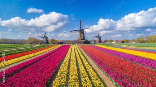 Aerial view of vibrant tulip fields near Dutch windmills showcases spring's colorful beauty.