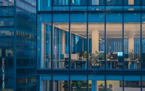 A glass wall of a modern business office building in a city. The glass wall is illuminated in blue light. Inside the office,there are desks, chairs and plants.