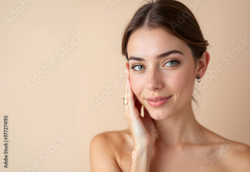 The girl on a neutral background of cosmetics, minimalism, and the girl on the right 