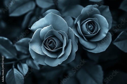 Fototapeta Naklejka Na Ścianę i Meble -  A detailed close-up shot of two blue roses in full bloom, showcasing their intricate petals and natural beauty.