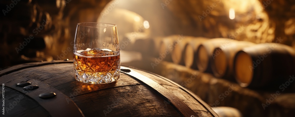 Glass of whisky sitting on barrel in a cellar