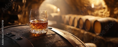 Obraz na płótnie Glass of whisky sitting on barrel in a cellar w salonie