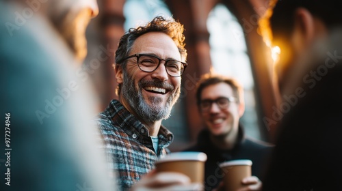 A cheerful man in glasses smiles holding a coffee cup, engaging with two friends outdoors against a backdrop of brick architecture on a sunny day.