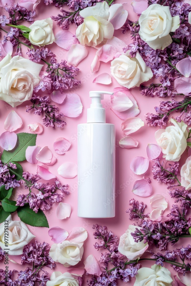Elegant white lotion bottle mockup surrounded by delicate roses and lilacs on a soft pink background, perfect for beauty products. Elegant white lotion bottle mockup surrounded by delicate roses and lilacs on a soft pink background, perfect for beauty products.