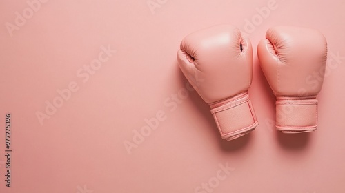 Symbolic representation of the fight against breast cancer with two pink boxing gloves on a soft pink background, emphasizing strength, awareness, and resilience in the battle for health photo