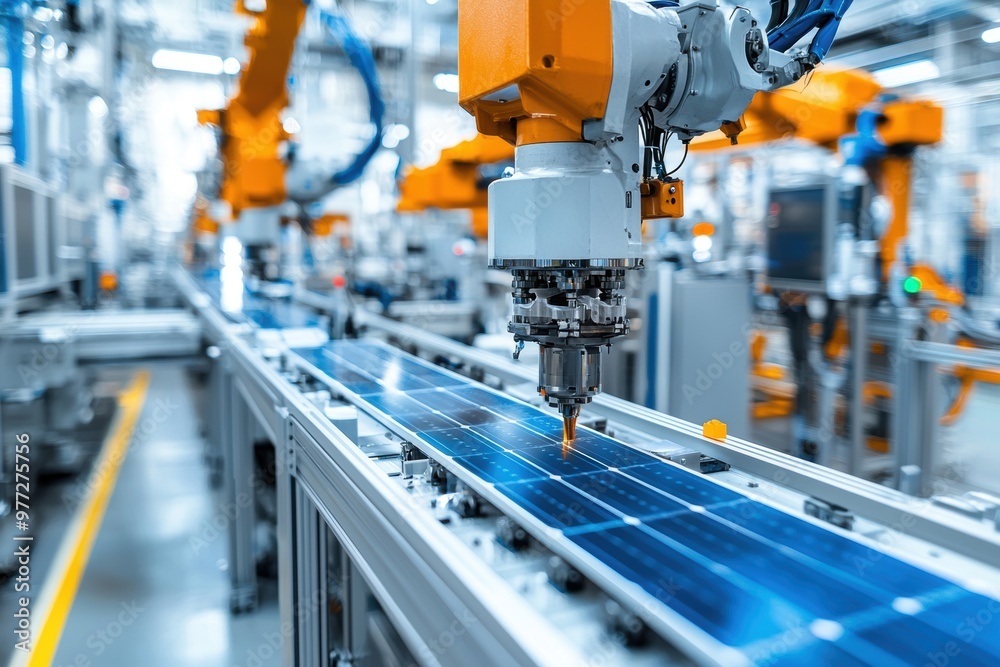 A factory with a robot that is making solar panels A factory with a robot that is making solar panels