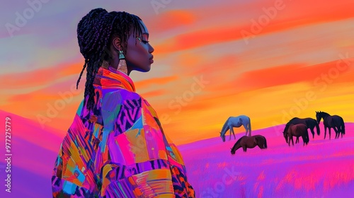Vivid digital painting of woman with braided hair in savanna at sunset, wearing abstract outfit, with grazing horses, bold colors, expressive brushst