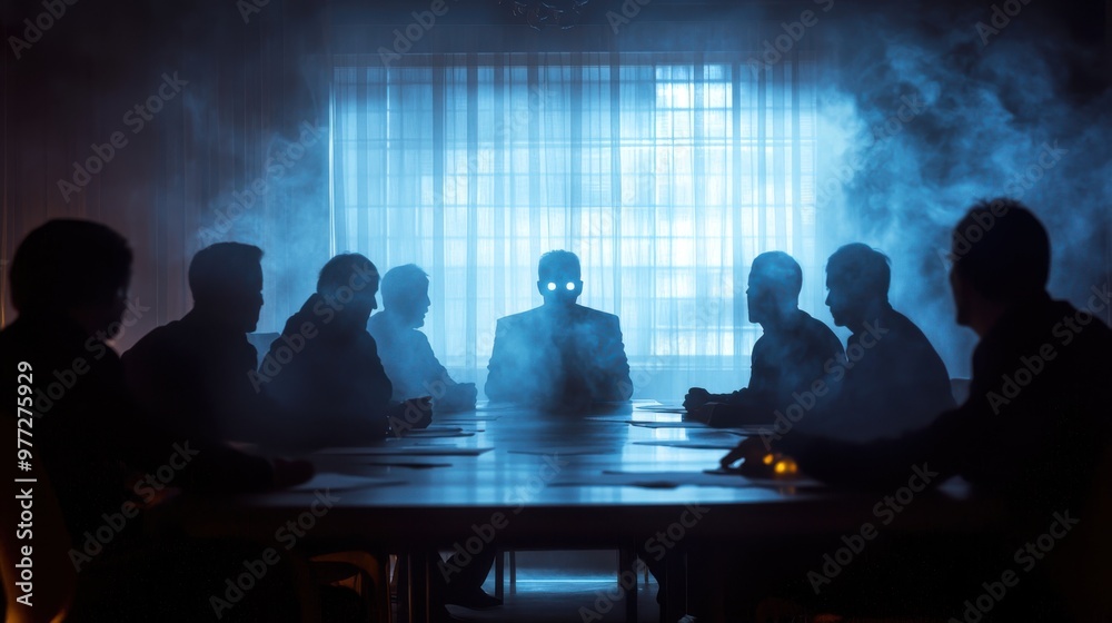 Eerie Business Meeting with Haunting Charts and Executives in Spooky Lighting - Halloween Theme