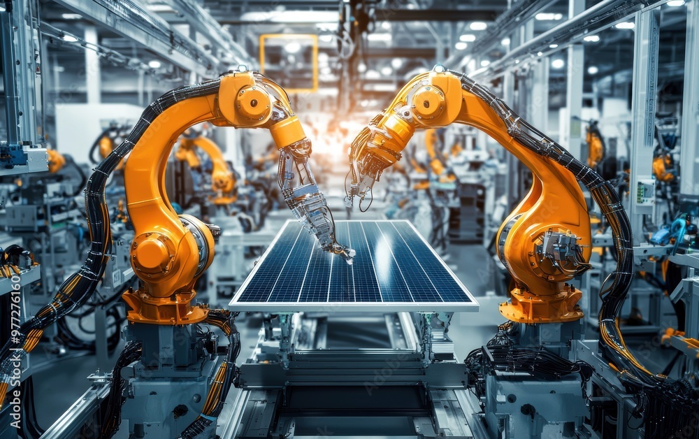 Two robots are working on a solar panel Two robots are working on a solar panel