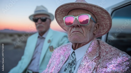 Two men dressed in eye-catching sequined and white outfits are seated against the backdrop of a colorful desert sunset, radiating celebration and eccentricity.