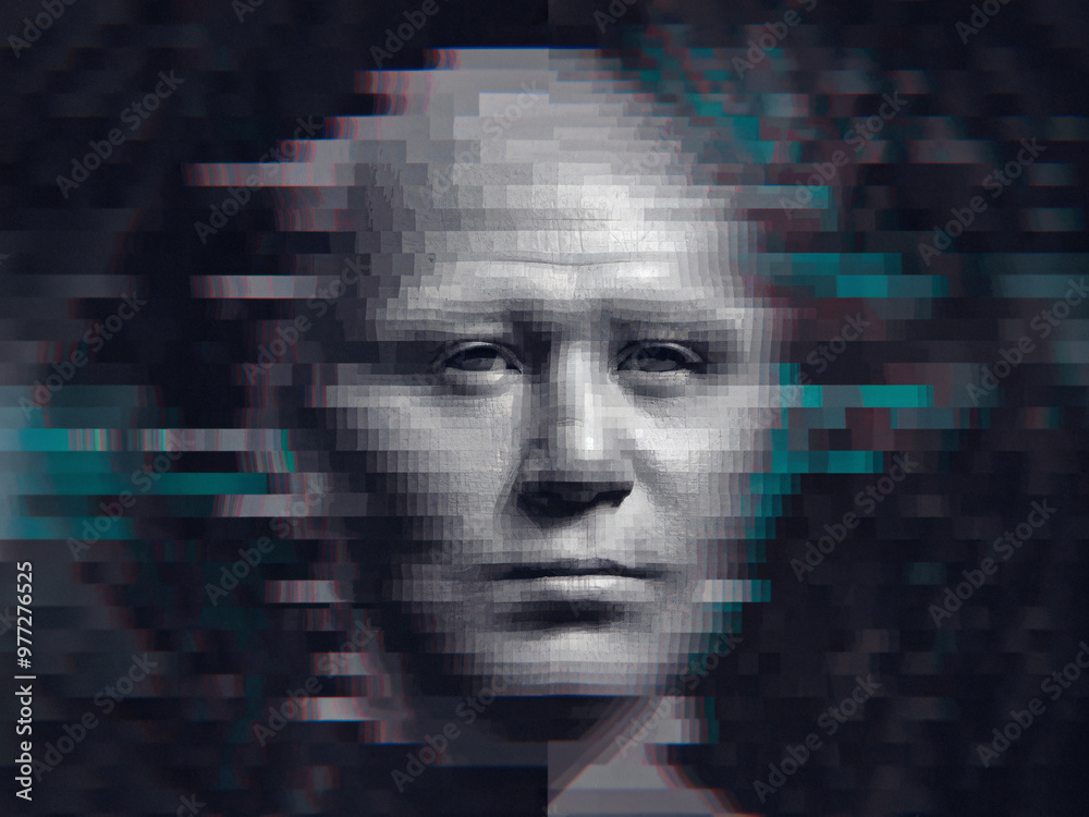 This image features digital portrait with glitch effect, creating unique and intriguing visual experience. distorted face evokes sense of mystery and modernity, blending technology with art