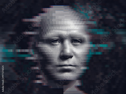 Obraz na płótnie This image features digital portrait with glitch effect, creating unique and intriguing visual experience. distorted face evokes sense of mystery and modernity, blending technology with art w salonie