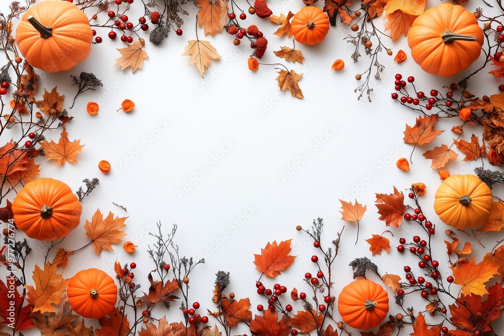 Obraz premium A white background with a large orange pumpkin in the center surrounded by a variety of orange and red leaves