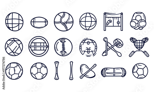 Sport ball flat line doodle set such as soccer, tennis, basket, bowling, and etc.
