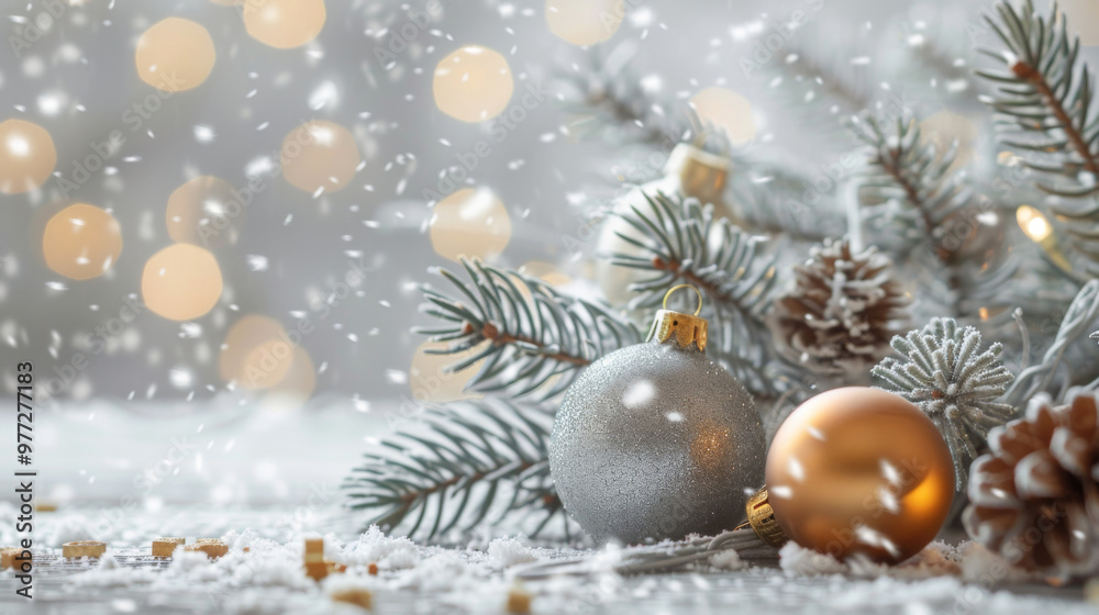 Fototapeta premium Christmas ornaments on snowy pine branches with festive bokeh background