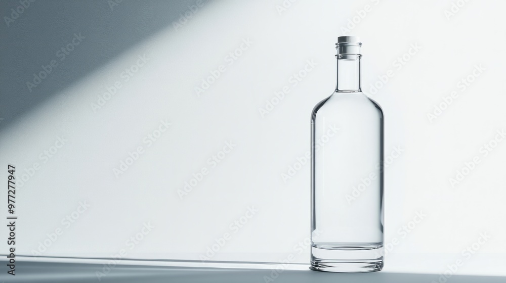 A vodka bottle with minimalistic design, half full with clear liquid, standing upright on white. A vodka bottle with minimalistic design, half full with clear liquid, standing upright on white.