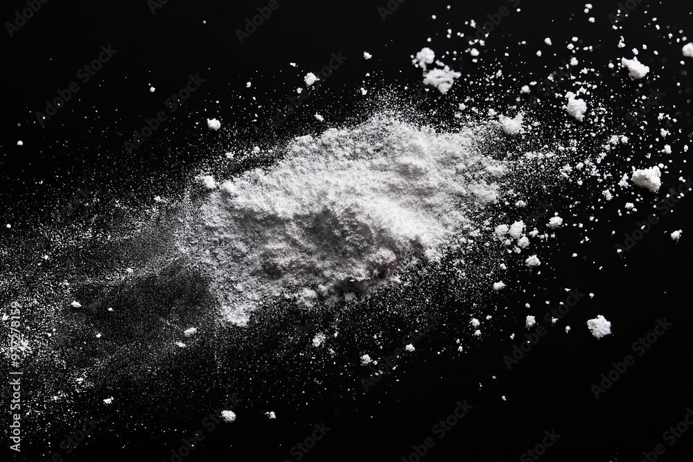 A white powdery substance is spread out on a black background A white powdery substance is spread out on a black background