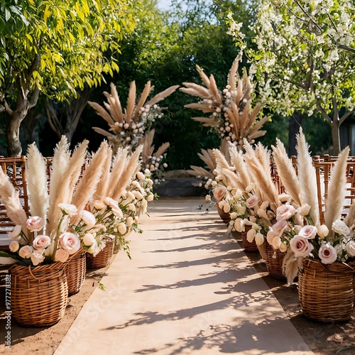 A rustic garden wedding setup, the main aisle lined with baskets with pampas leaves and pastel pink roses. Trees in the background.