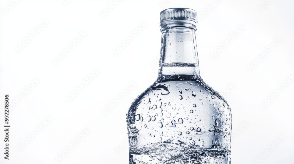 A vodka bottle with droplets of water running down the side, representing a cold, chilled bottle, isolated on white. A vodka bottle with droplets of water running down the side, representing a cold, chilled bottle, isolated on white.