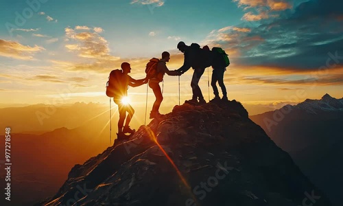 Teamwork and Triumph: Group of Climbers Helping Each Other to Success on Mountain Peak photo