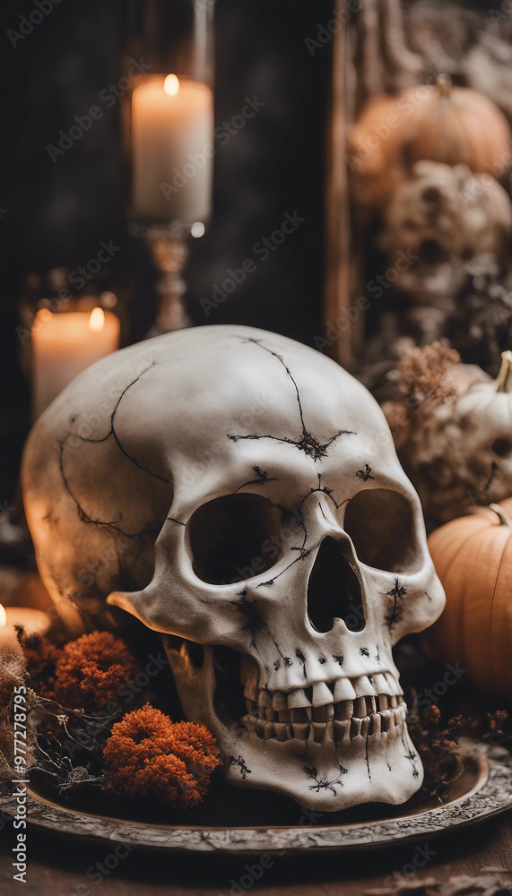 skull decoration rests on a dark plate surrounded by autumnal decorations including pumpkins, candles, and dried flowers, creating a moody and thematic Halloween setting. skull decoration rests on a dark plate surrounded by autumnal decorations including pumpkins, candles, and dried flowers, creating a moody and thematic Halloween setting.