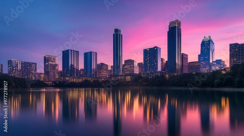 City skyline at dusk reflecting on calm river, urban glowtime, modern and serene.