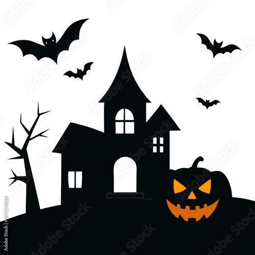 Halloween background with pumpkin and bats house with transparent background 